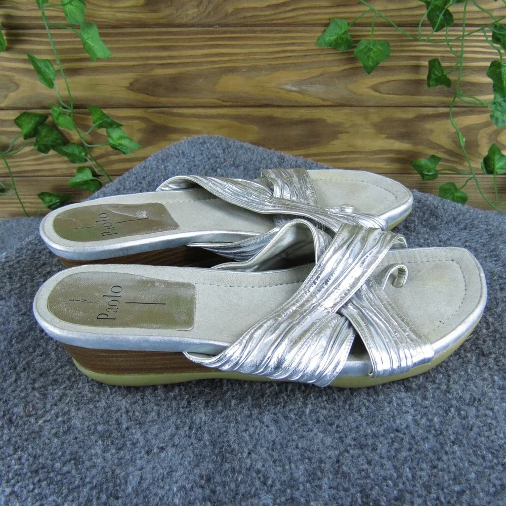 Linea Paolo Silver Metallic Criss Cross Toe Thong Wedge Sandals Slides Size 10.5